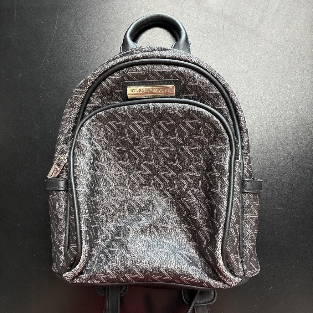 Jones New York Backpack Womens Mini Black Monogram Faux Leather Zip JNY Classic